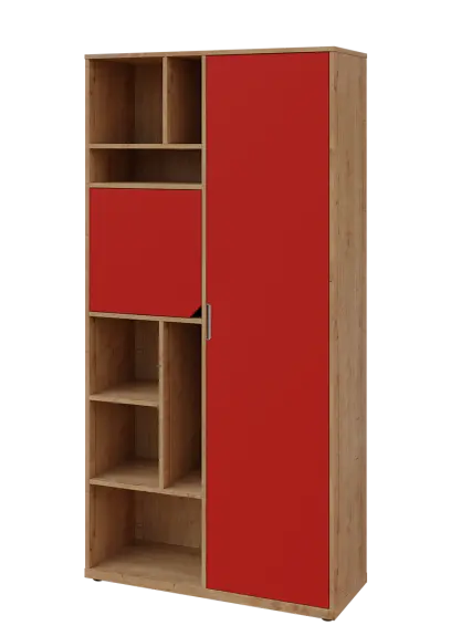 KSR6-83 P skříň šatní, 1x výsuvné ramínko, dvířka, niky, 2053x1022x400 mm, provedení pravé, dub lite/červená